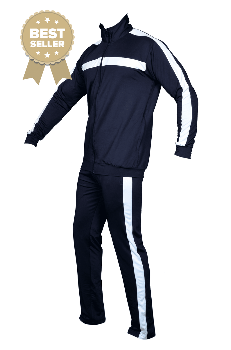 Blue tracksuit with white top stripes