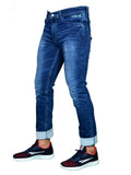Men's clothing, men's jeans, Italian denim, size 30, 32, 34, 36, 40, men's fashion, reg fit, regular, stretch, skinny fit, image from front facing left, with sega trainers, burk hedges jeans, sega jeans, uk supplier, uk store, birmingham clothes store, clothing based in birmingham, blue jeans, faded, distressed, retro,
