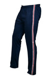 tracksuit bottoms, joggers, men's clothing, fashion, sale, SEGA, blue, clothes for men, summer 2020 collection, cheap tracksuit, bottoms, lower, joggers, cotton, fabric, sports, image is front facing left of blue and red striped tracksuit bottoms, red, striped, leisurewear