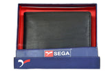 SEGA leather wallets, leather wallets, genuine leather, authentic leather, wallets for men, mens wallets, womens wallets, wallets for women, 100% leather, Image from centre facing front, wallets for cards, wallets for cash, personalised leather wallets, vegan, riveted, SEGA closed boxing, SEGA packaging, Official SEGA merchandise