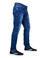 Men's clothing, men's jeans, Italian denim, size 30, 32, 34, 36, 40, men's fashion, reg fit, regular, stretch, skinny fit, image from front facing right, with sega trainers, burk hedges jeans, sega jeans, uk supplier, uk store, birmingham clothes store, clothing based in birmingham, blue jeans, faded, distressed, retro,