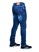 Men's clothing, men's jeans, Italian denim, size 30, 32, 34, 36, 40, men's fashion, reg fit, regular, stretch, skinny fit, image from back facing right, with sega trainers, burk hedges jeans, sega jeans, uk supplier, uk store, birmingham clothes store, clothing based in birmingham,