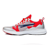 red, white, fashion, men, mens, women, womens, two toned, neutral, balanced weight, men, sega, track and field, long distance, running shoes, sprint, cross country, adults, trainers, for men, for women, unisex, multicoloured, multicolored, padded, comfortable, beginner, sega zigzag, image of the SEGA ZIGZAG neutrally weighted running shoes in its red & white variation facing left of camera,
