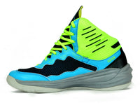 air, high tops, fashion, casual, sports, basketball trainers, basketball shoes, mens, womens, blue, green, two toned, mesh, nike, adidas, reebok, lebron, puma, jordan, competitor, US, UK, for men, for cheap, for women, SEGA, SEGA WAVE, Image of SEGA WAVE basketball shoes in blue & green variation facing left