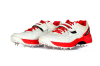spikes, puma, for sale, on sale, for bowlers, cricket shoes, red, white, two toned, multicoloured, multicoloured, cricket shoes for bowlers, cricket spikes for bowlers, professional, adidas, nike, velcro, adults. unisex, for men, for women. pattern, asics, competitor, uk, bowling, online, clearance sale, for batting, image of SEGA REACH cricket spikes in its red & white variation facing left of camera
