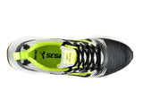 black, yellow, fashion, men, mens, women, womens, two toned, neutral, balanced weight, men, sega, track and field, long distance, running shoes, sprint, cross country, adults, trainers, for men, for women, unisex, multicoloured, multicolored, padded, comfortable, beginner, sega zigzag, image of the SEGA ZIGZAG neutrally weighted running shoes in its yellow & black variation from aerial viewpoint,