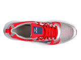red, white, fashion, men, mens, women, womens, two toned, neutral, balanced weight, men, sega, track and field, long distance, running shoes, sprint, cross country, adults, trainers, for men, for women, unisex, multicoloured, multicolored, padded, comfortable, beginner, sega zigzag, image of the SEGA ZIGZAG neutrally weighted running shoes in its red & white variation from an aerial view,